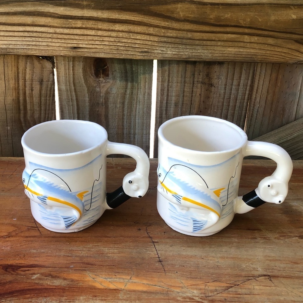 Set of 2 Vintage 3D Fish & Fishing Rod & Reel Coffee Mugs by Emson 10oz & 12oz
